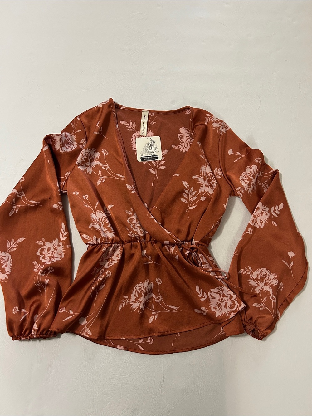 Vanilla Bay Rust Floral Wrap Blouse